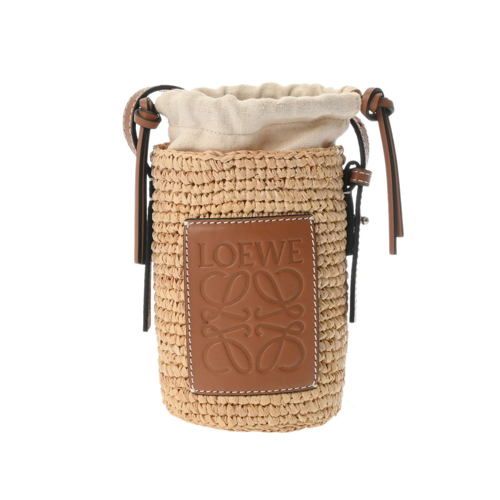 LOEWE Cylinder Pocket Shoulder Bag Beige Brown Raffia Calfskin